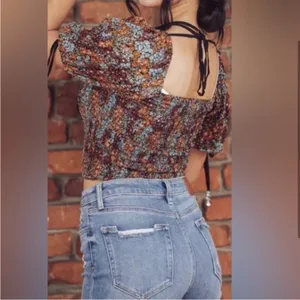Free People Floral Smocked Crop Top XS Puff Sleeve Tie Back Blouse thumbnail 2