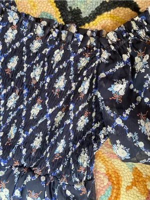 🌸Lauren Conrad Navy Blue Floral Smocked Puff Sleeve Square Neck Short Dress S thumbnail 5