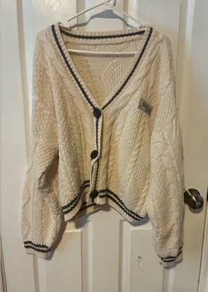 Chunky Cream Cable Knit Cardigan with Contrast Trim thumbnail 1