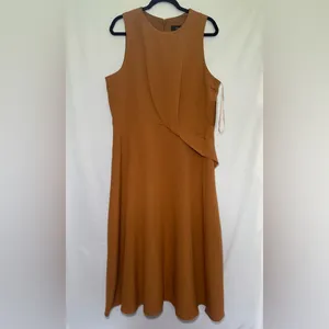Maia Camel Sleeveless Midi Dress Draped‎ Front Size 14 thumbnail 3