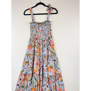 Poupette St Barth Dress Blue Midi Kleid Triny Floral Tank Tiered Smocked Boho XS thumbnail 7