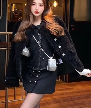 Luxury Navy Blue Gold Buttoned Formal Vintage Tweed Babydoll Slim Blazer Vest thumbnail 1