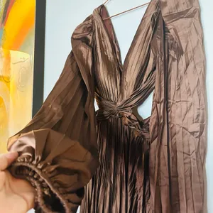 Ieena for Mac Duggal Brown Long Sleeve Pleated Full Skirt Cut Out Sides Gown 6 thumbnail 7