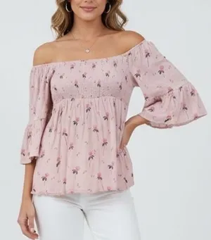 Free People Pink Floral Smocked Square Neck Bell Sleeve Blouse‎ Top M thumbnail 1