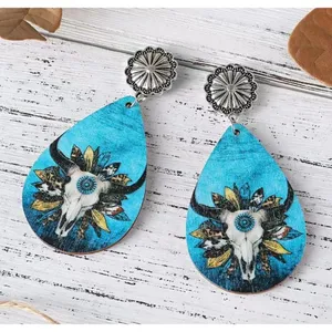 Handmade Wooden double sided western‎ style retro bullhead waterdrop dangle earrings thumbnail 2