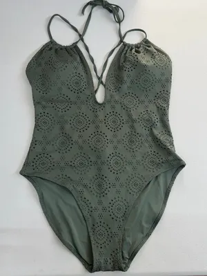 Aerie‎ olive green eyelet deep v-neck strappy one piece swimsuit bathing suit L thumbnail 1