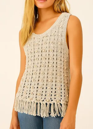 House of Harlow Wood Bead Beaded Fringe Hem Crochet Tank Top Tan XS thumbnail 1