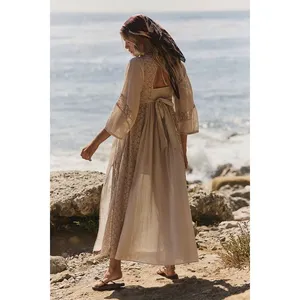 Free People Free-est Starlight Flowy‎ Crochet Maxi Dress Morning Oat Tan NWT S thumbnail 2