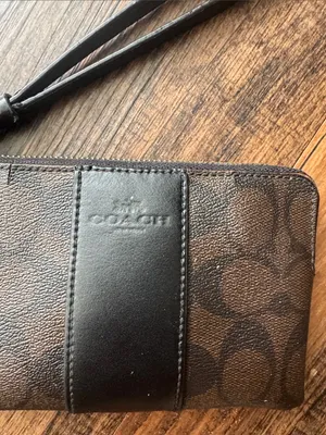Coach Brown and Black Signature Canvas Wristlet with Leather Stripe thumbnail 2