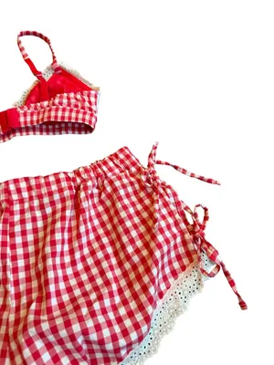 Colsie Red White Plaid Check Two Piece Outfit Set Crop Top Shorts Lace Size XS thumbnail 12