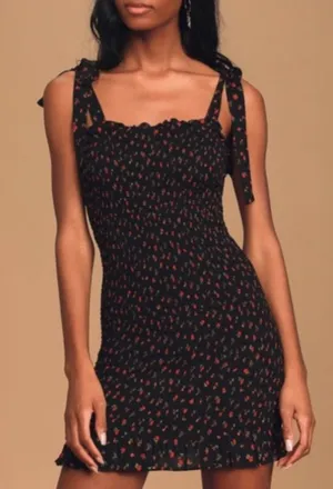 Free People Bella Black Floral Print Smocked Bodycon Mini Dress Large thumbnail 1