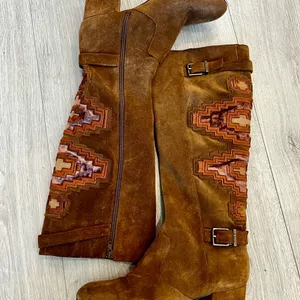 Brown Suede Knee-High Boots with Embroidered Pattern by Gianni Bini thumbnail 7