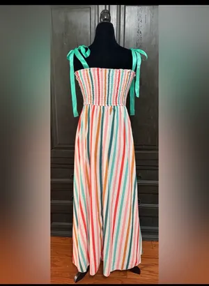 Shein Rainbow colorful Candies Stripe Cami Maxi Dress w-Green Ribbon straps -Small. Super cute, gently warn and excellent condition. Measurements approximately 13” from armpit to armpit x 46.5”” long. Non-smoking home. Priced to sell at as is condition. Don’t like my price, make reasonable offer! thumbnail 2