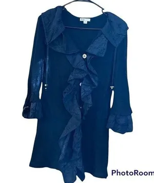 Puli Navy 3/4 Sleeve Ruffle Front Sweater Cardigan thumbnail 1