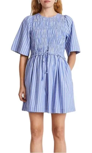 Apiece Apart Adorna Smocked Striped Cotton Mini Dress Blue White Size Medium thumbnail 1
