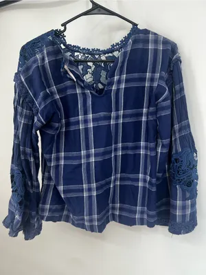 Free people Blue Plaid Lace Yoke Women's Top - Unbranded thumbnail 6
