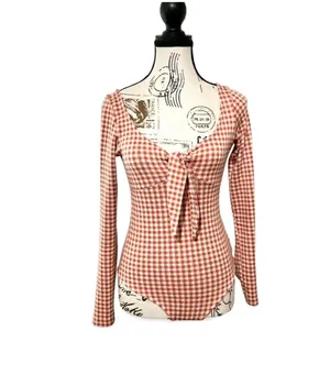 Storia Red White Gingham Check Long Sleeve Bodysuit Front Tie Keyhole Bow Small thumbnail 2