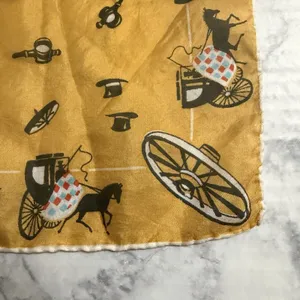 Horse Carriage Yellow Rolled Edges Hand Stitched 17" Square Scarf, 1950s, MCM thumbnail 6