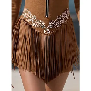 Oyrosy Vintage Western Style Embroidered Tassel LS Suede Mini Dress Brown L NWT thumbnail 4