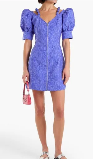 GANNI Cold-shoulder cloqué mini dress Purple Size Small thumbnail 1