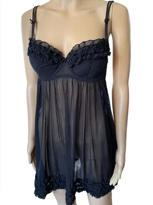 Passionata Black Romantic Feminine Ruffle Sheer Mesh Lingerie Mini Slip Dress thumbnail 1