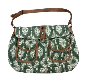 Y2K 90s The Sak Green Floral Canvas Shoulder Bag Brown Faux Leather Trim Purse thumbnail 1
