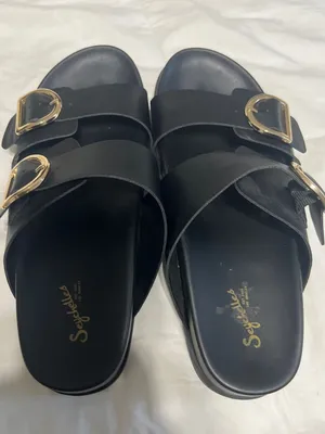 Seychelles Black Double-Buckle Slide Sandals with Gold Buckles thumbnail 2