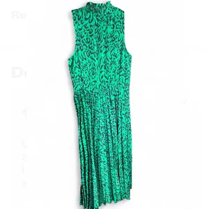 Banana Republic Midi Pleated Dress Green Satin Party Holiday Animal Print size M thumbnail 3