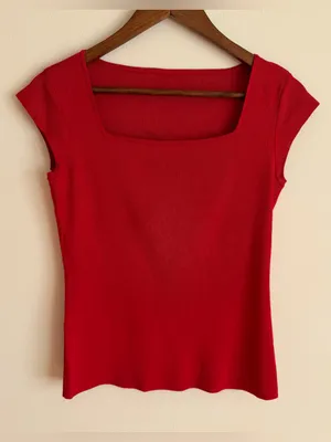 White House Black Market Silk Blend Square Neck Cap Sleeve Knit Top Red Small S thumbnail 5