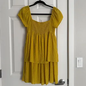 RTR Now Yellow Smocked Babydoll Mini Dress XS Puff Sleeve‎ Textured Cottagecore thumbnail 5