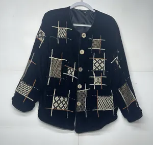 Allure Women’s Button Front Abstract Jacket Black Embroidered Pattern Size Large thumbnail 1