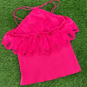 Anthropologie Ruffled Halter Cottage Pink Embroidered Crochet Tank Blouse Top thumbnail 8