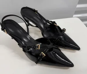 Black Patent Slingback Heels Pointed Toe Multi Strap Buckle Pumps Stiletto US 9 thumbnail 1