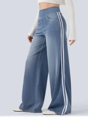 Halara Flex High Waisted Blue Wide Leg Jeans with White Stripes thumbnail 1