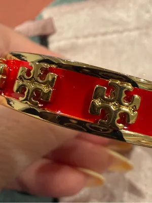 Tory Burch | Gold Plated & Red Enamel Logo Open Bangle Bracelet thumbnail 4