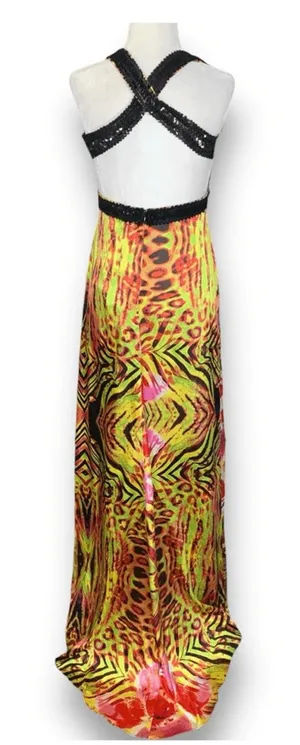 Y2K Zum Zum Niki Livas Neon Animal Print Sequin Halter Maxi‎ Dress XS Open Back thumbnail 1