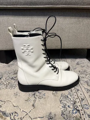 Tory Burch Double-T Combat Boot White Leather thumbnail 2