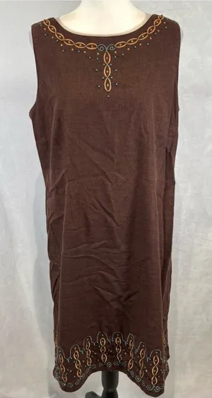Vintage Sag Harbor chocolate brown stitched and turquoise beaded dress size 14 thumbnail 1