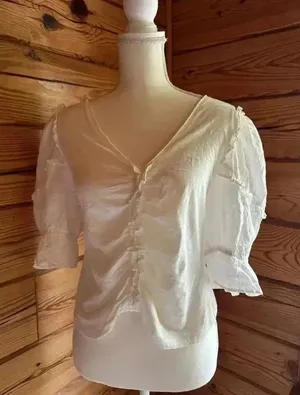Anthropologie puff sleeved front gathered peasant white blouse size medium​ thumbnail 1