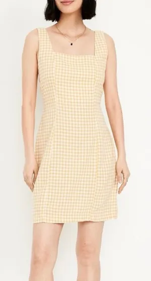 Old Navy yellow gingham plaid linen square neck mini dress large thumbnail 1