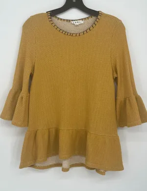 THML Textured Peplum Bell Sleeve Top Women M Mustard Whipstitch Crew Neck Boho thumbnail 1