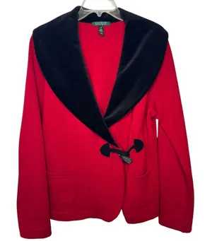 Lauren Ralph Lauren Red Toggle Jacket‎ Womens Large Black Velvet Shawl Collar thumbnail 1