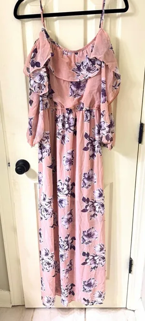 As U Wish Pink Purple Floral Cold Shoulder Ruffle Maxi Dress Adjustable Straps M thumbnail 1
