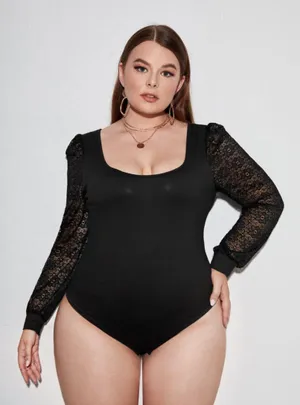 Blue Blush Women’s Long Sleeve Lace Square Neck Bodysuit Black Medium thumbnail 1