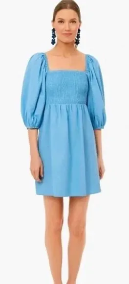 Tuckernuck Annie Linen Smocked Square Neck Puff Sleeve Woven Dress Blue M thumbnail 1