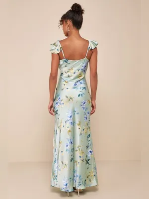 LULU’S Captivating Grace Sage Green Floral Satin Ruffled Maxi Dress thumbnail 5