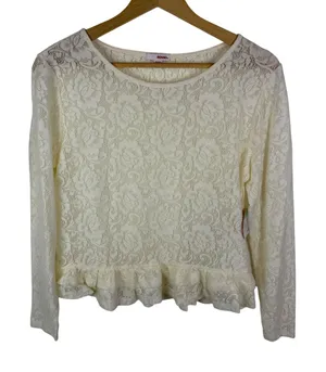 NWT Bongo Floral Lace Peplum Shirt Large Cream‎ 90s Y2K Layering Sheer Boho thumbnail 1