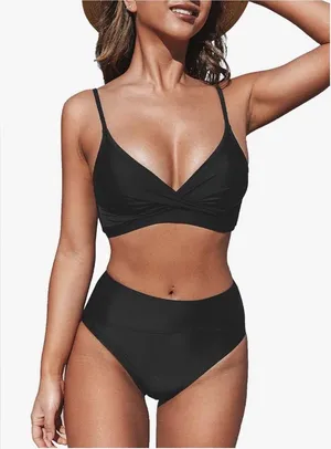 NEW CUPSHE Bikini 2 Pc Swimsuit Bathing Suit High Waisted V Neck Twist Front 2X thumbnail 1