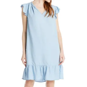 Time and Tru Womens Dress Size M Light Blue Split Neck Flounce Hem Casual Ruffle thumbnail 6