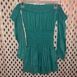 Rays for days mini dress teal blue off shoulder ruched size M thumbnail 2